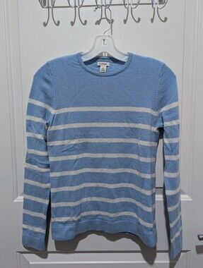 L.L.Bean 100% Cashmere Blue & White Striped Crewneck Sweater